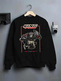 Black crewneck sweatshirt on a hanger against a grey wall, featuring rs turbo racing street power performance motorsport graphic.