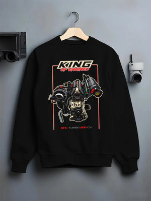 Black crewneck sweatshirt on a hanger against a grey wall, featuring rs turbo racing street power performance motorsport graphic.
