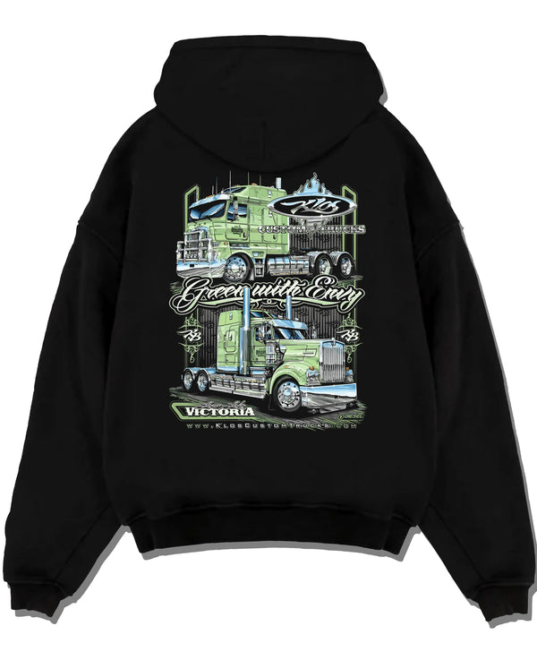 Black pullover hoodie laid flat on a white background, featuring rs street racing performance motorsport automotive graphic.