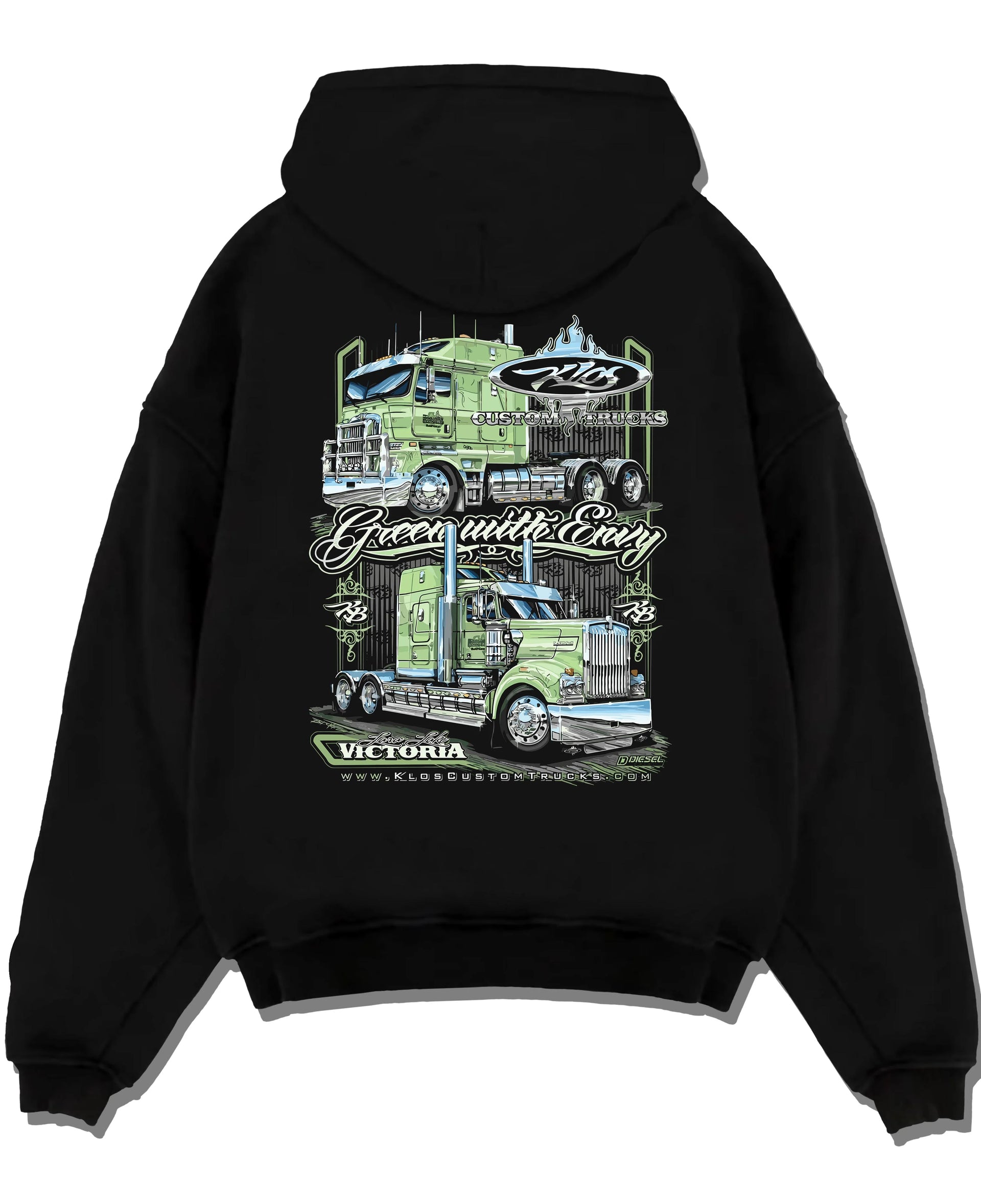 Black pullover hoodie laid flat on a white background, featuring rs street racing performance motorsport automotive graphic.