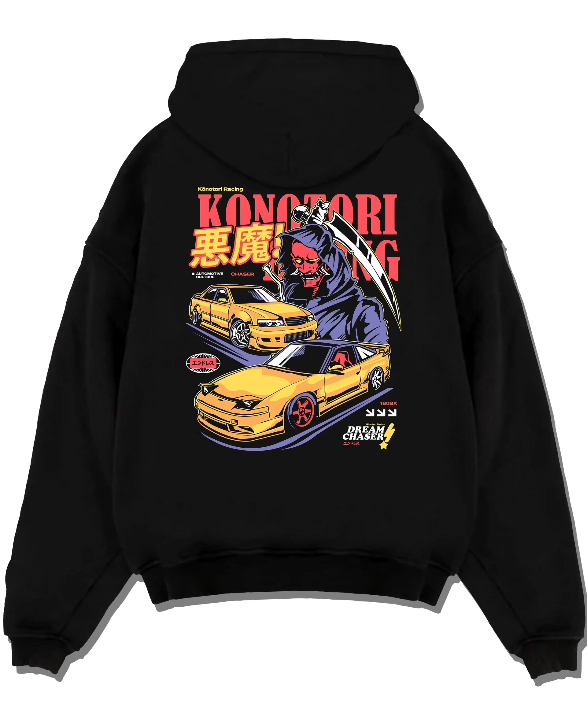 Black pullover hoodie laid flat on a white background, featuring rs racing drift jdm japanese street performance motorsport graphic.