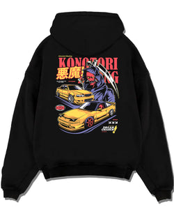 Black pullover hoodie laid flat on a white background, featuring rs racing drift jdm japanese street performance motorsport graphic.