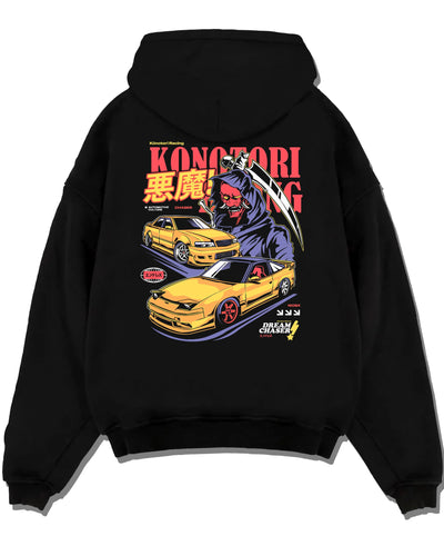 Black pullover hoodie laid flat on a white background, featuring rs racing drift jdm japanese street performance motorsport graphic.