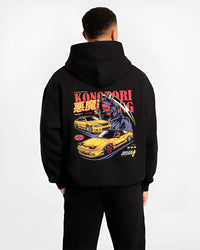Black hoodie worn by a male model, back view, featuring rs racing drift jdm japanese street performance motorsport graphic.