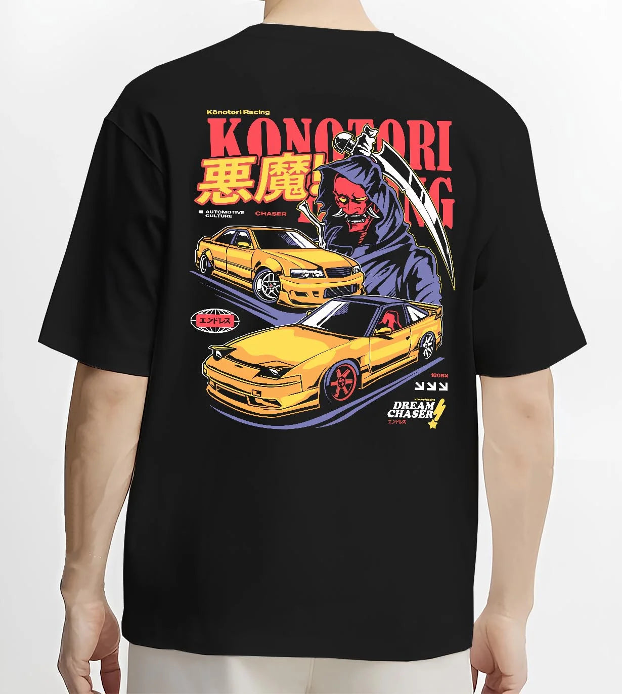 Black T-shirt worn by a male model, back view, featuring rs racing drift jdm japanese street performance motorsport graphic.