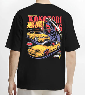 Black T-shirt worn by a male model, back view, featuring rs racing drift jdm japanese street performance motorsport graphic.