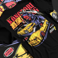 Black T-shirt laid flat with natural fabric folds, featuring rs racing drift jdm japanese street performance motorsport graphic.