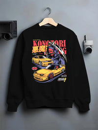 Black crewneck sweatshirt on a hanger against a grey wall, featuring rs racing drift jdm japanese street performance graphic.