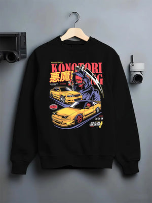 Black crewneck sweatshirt on a hanger against a grey wall, featuring rs racing drift jdm japanese street performance graphic.