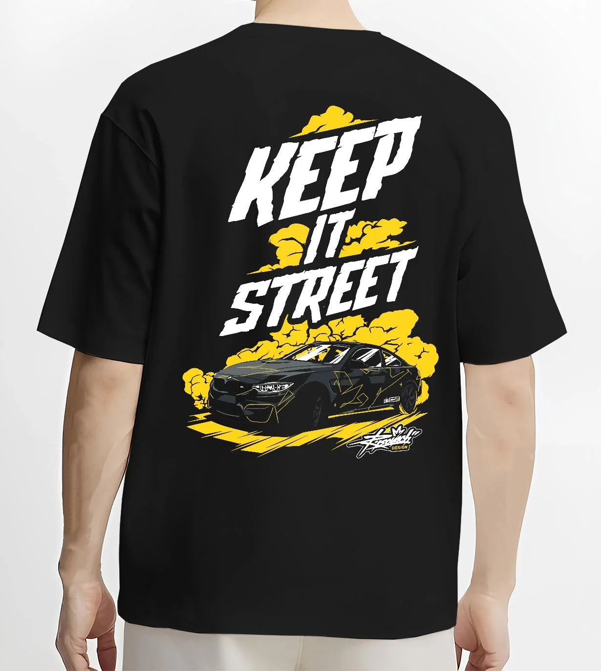Black T-shirt worn by a male model, back view, featuring turbo racing drift tuner street performance motorsport automotive graphic.