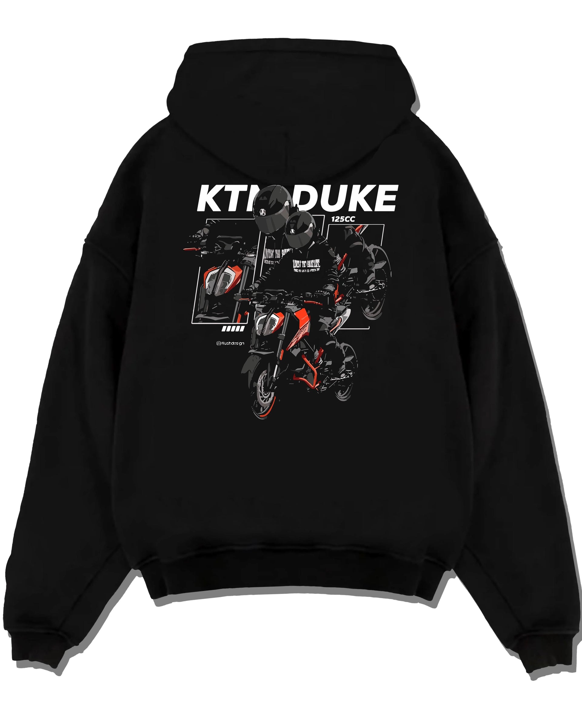 Black pullover hoodie laid flat on a white background, featuring KTM rs racing street performance motorsport automotive graphic.
