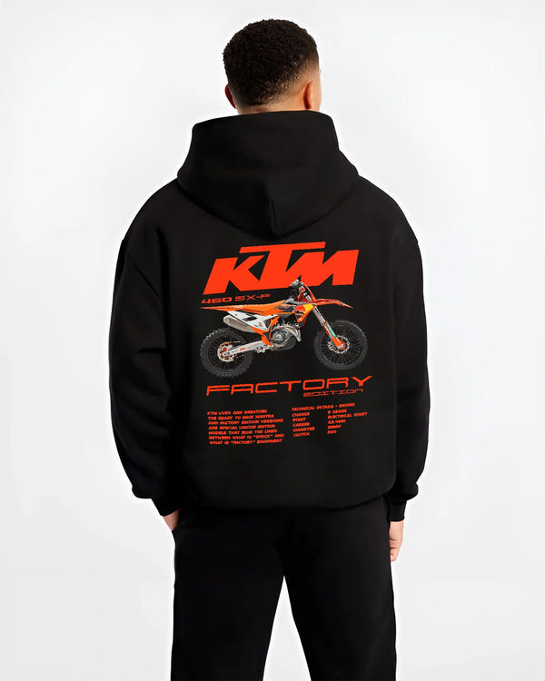 Black hoodie worn by a male model, back view, featuring KTM 250 SX rs racing street performance motorsport automotive graphic.
