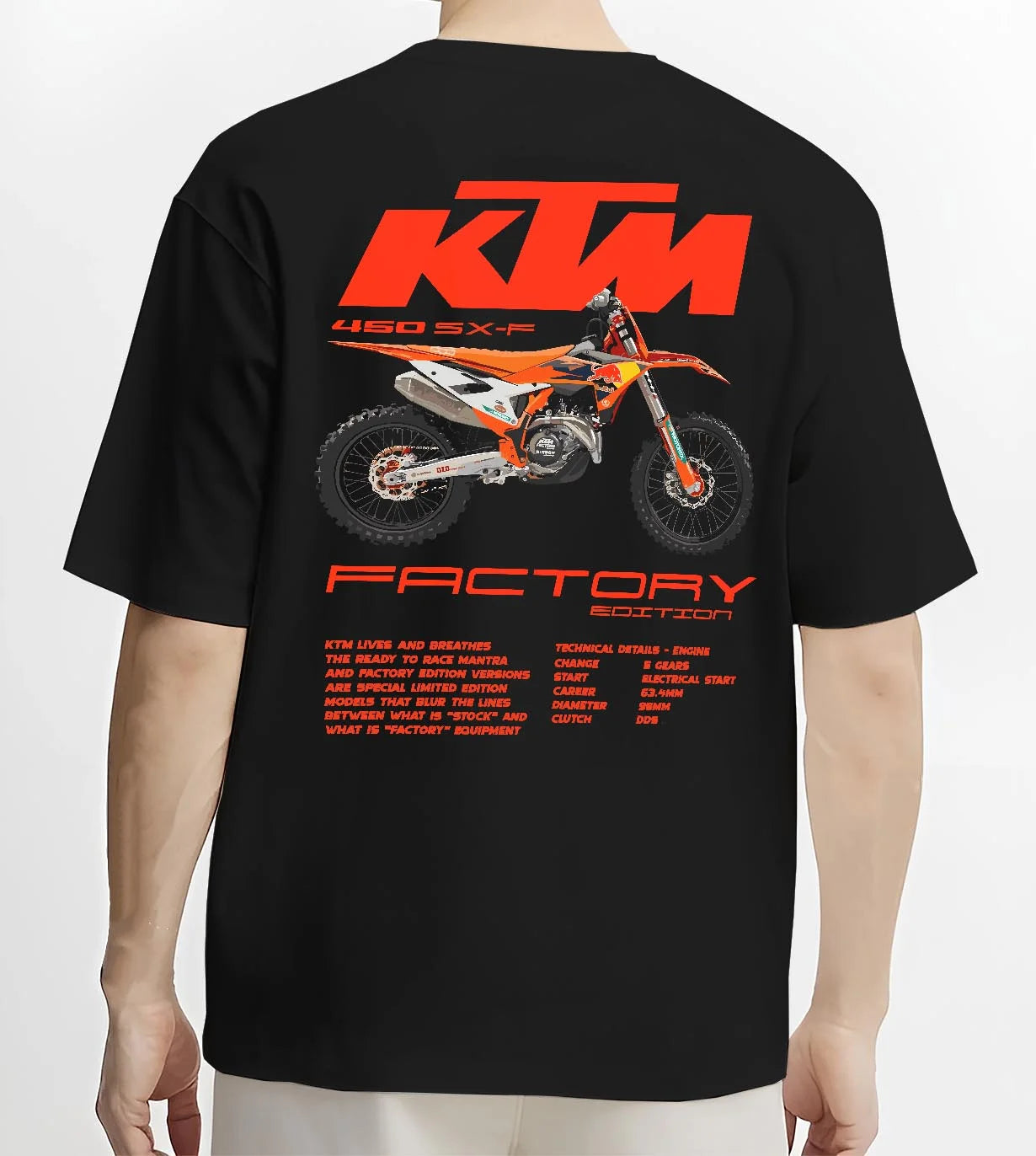 Black T-shirt worn by a male model, back view, featuring KTM 250 SX rs racing street performance motorsport automotive graphic.