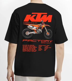 Black T-shirt worn by a male model, back view, featuring KTM 250 SX rs racing street performance motorsport automotive graphic.