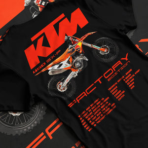 Black T-shirt laid flat with natural fabric folds, featuring KTM 250 SX rs racing street performance motorsport automotive graphic.