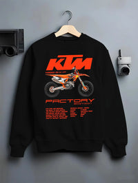 Black crewneck sweatshirt on a hanger against a grey wall, featuring KTM 250 SX rs racing street performance motorsport graphic.