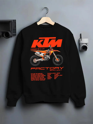 Black crewneck sweatshirt on a hanger against a grey wall, featuring KTM 250 SX rs racing street performance motorsport graphic.