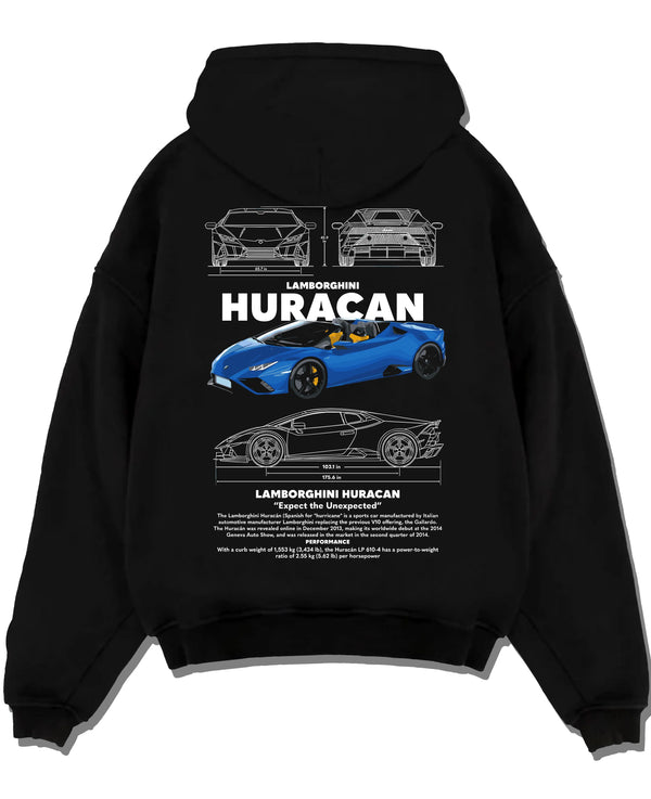 Black pullover hoodie laid flat on a white background, featuring SKYLINE racing street performance motorsport automotive graphic.