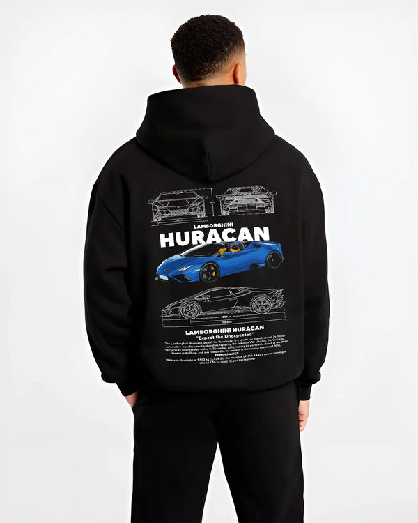 Black hoodie worn by a male model, back view, featuring SKYLINE racing street performance motorsport automotive enthusiast graphic.