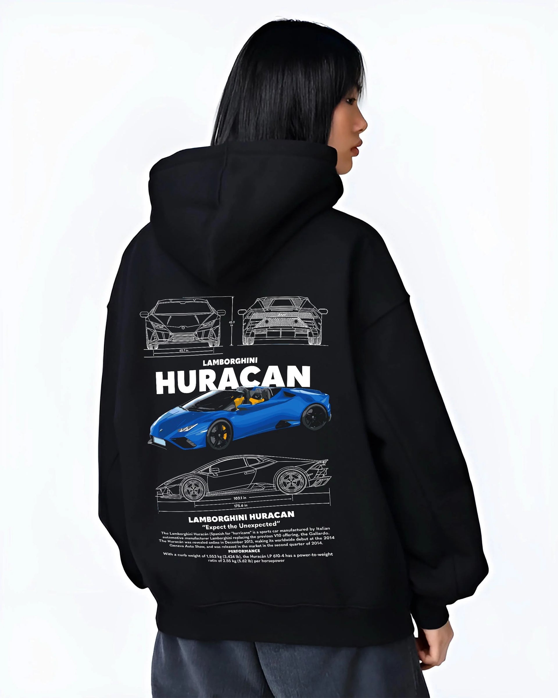 Black hoodie worn by a female model, back view, featuring SKYLINE racing street performance motorsport automotive graphic.