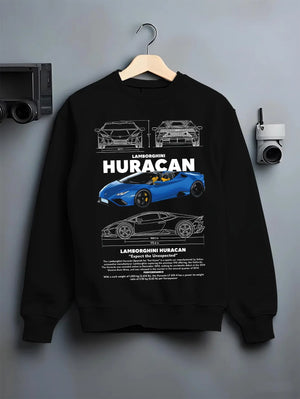 Black crewneck sweatshirt on a hanger against a grey wall, featuring SKYLINE racing street performance motorsport graphic.