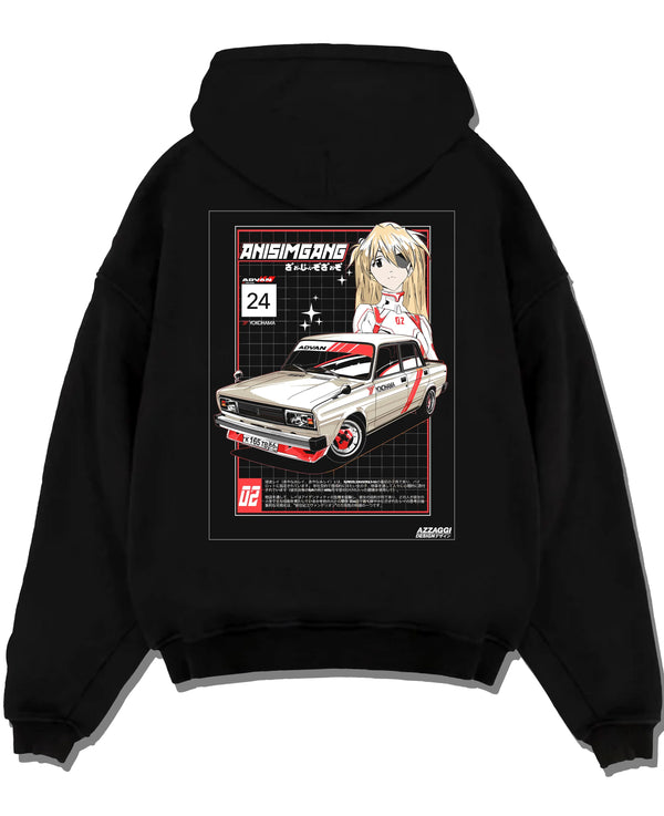 Black pullover hoodie laid flat on a white background, featuring drift jdm tuning retro classic racing street performance graphic.