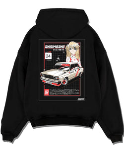 Black pullover hoodie laid flat on a white background, featuring drift jdm tuning retro classic racing street performance graphic.