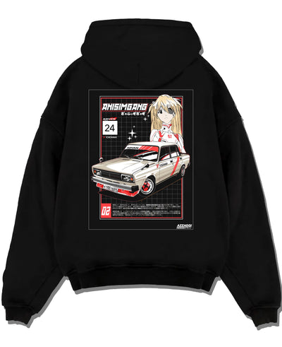 Black pullover hoodie laid flat on a white background, featuring drift jdm tuning retro classic racing street performance graphic.