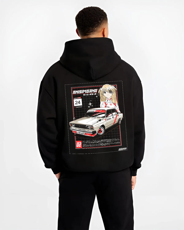 Black hoodie worn by a male model, back view, featuring drift jdm tuning retro classic racing street performance graphic.