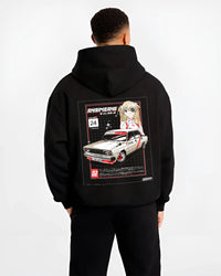 Black hoodie worn by a male model, back view, featuring drift jdm tuning retro classic racing street performance graphic.