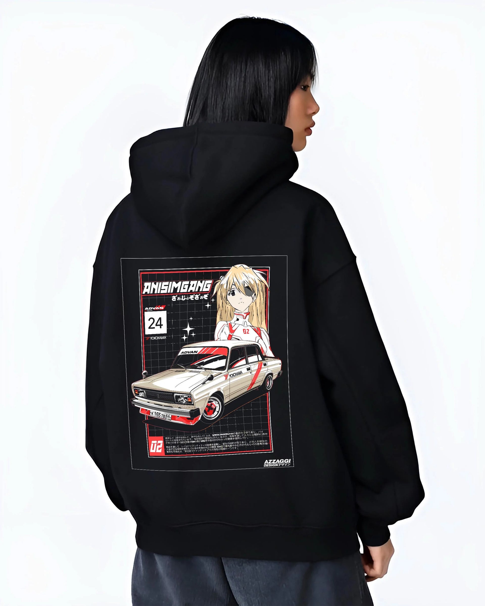 Black hoodie worn by a female model, back view, featuring drift jdm tuning retro classic racing street performance graphic.