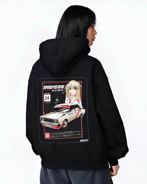 Black hoodie worn by a female model, back view, featuring drift jdm tuning retro classic racing street performance graphic.