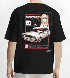 Black T-shirt worn by a male model, back view, featuring drift jdm tuning retro classic racing street performance graphic.