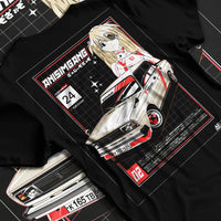 Black T-shirt laid flat with natural fabric folds, featuring drift jdm tuning retro classic racing street performance graphic.