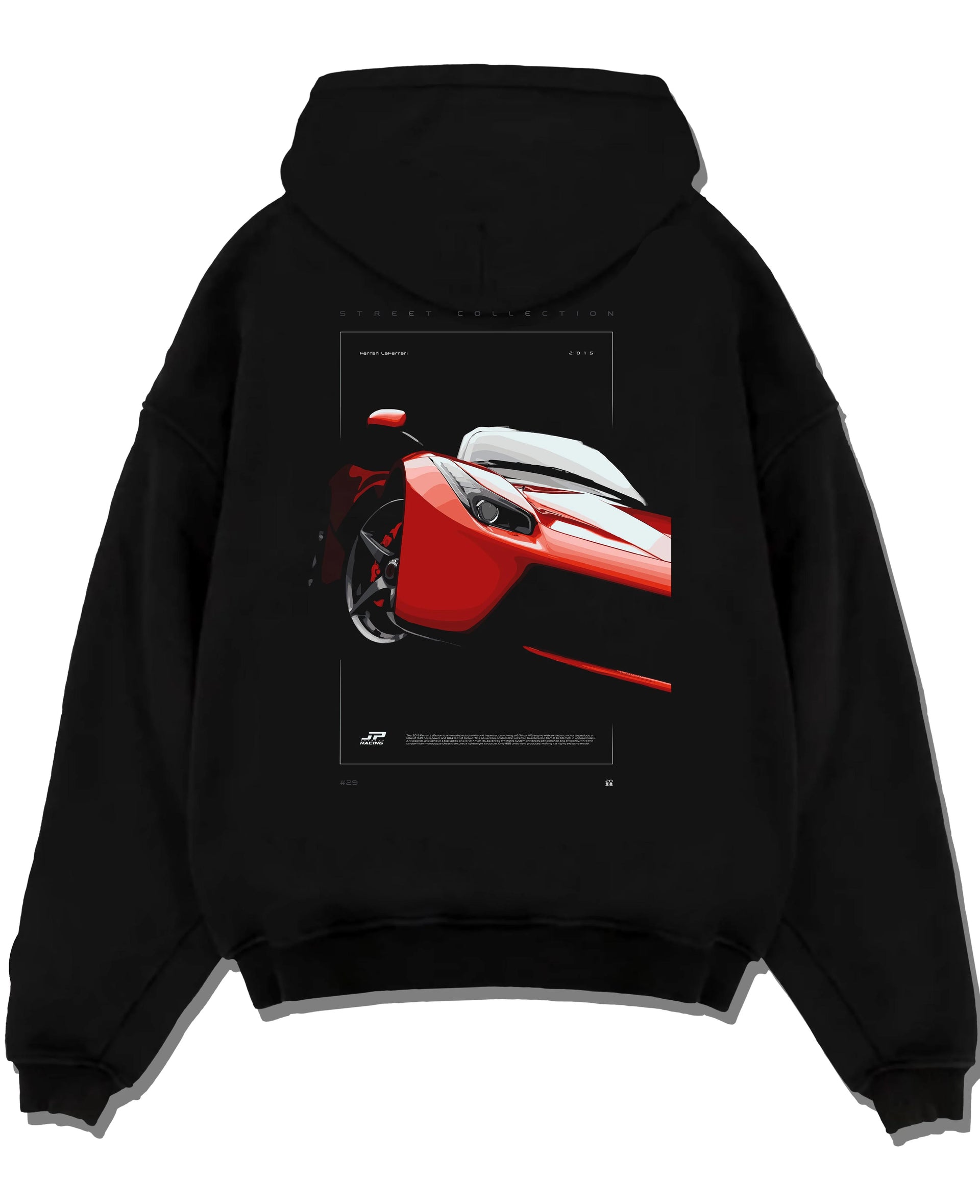 Black pullover hoodie laid flat on a white background, featuring Ferrari rs racing street performance motorsport automotive graphic.