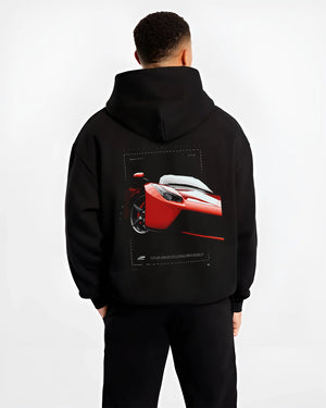 Black hoodie worn by a male model, back view, featuring Ferrari rs racing street performance motorsport automotive graphic.