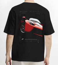 Black T-shirt worn by a male model, back view, featuring Ferrari rs racing street performance motorsport automotive graphic.