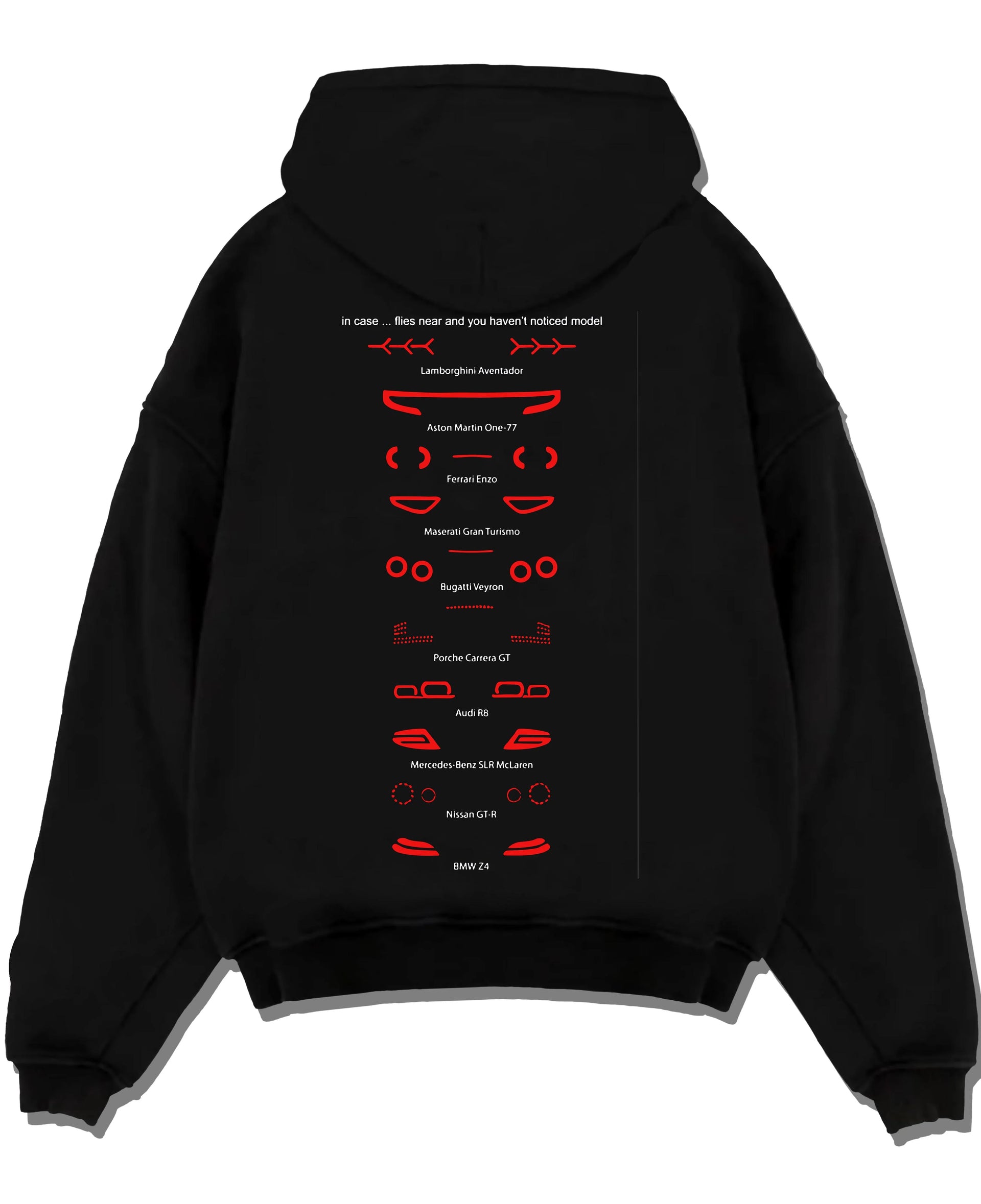 Black pullover hoodie laid flat on a white background, featuring Lamborghini Aventador racing italian tuning street graphic.