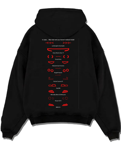 Black pullover hoodie laid flat on a white background, featuring Lamborghini Aventador racing italian tuning street graphic.