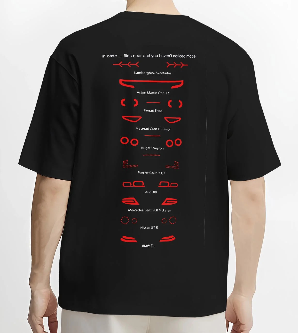 Black T-shirt worn by a male model, back view, featuring Lamborghini Aventador racing italian tuning street performance graphic.