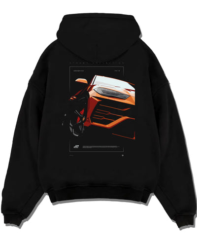 Black pullover hoodie laid flat on a white background, featuring Lamborghini street racing performance motorsport graphic.