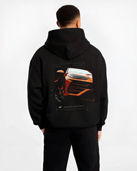 Black hoodie worn by a male model, back view, featuring Lamborghini street racing performance motorsport automotive graphic.