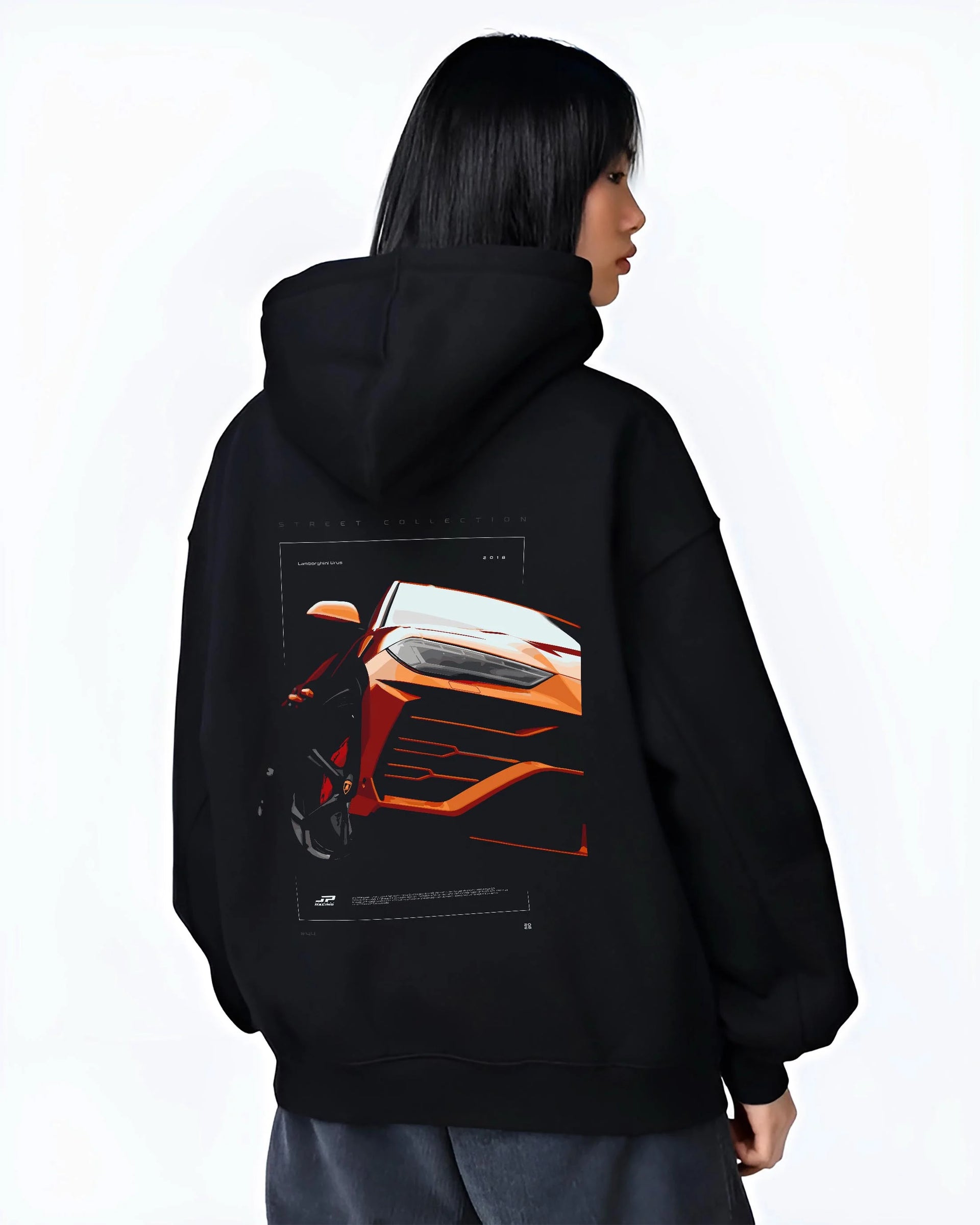 Black hoodie worn by a female model, back view, featuring Lamborghini street racing performance motorsport automotive graphic.