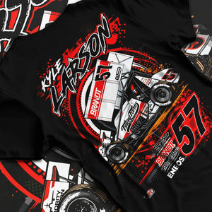Black T-shirt laid flat with natural fabric folds, featuring rs racing motorsport speed street performance automotive graphic.