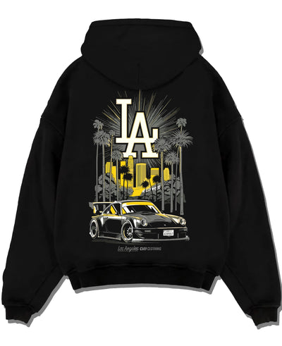 Black pullover hoodie laid flat on a white background, featuring racing street performance motorsport automotive enthusiast larun.