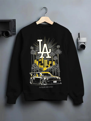 Black crewneck sweatshirt on a hanger against a grey wall, featuring racing street performance motorsport automotive larun.