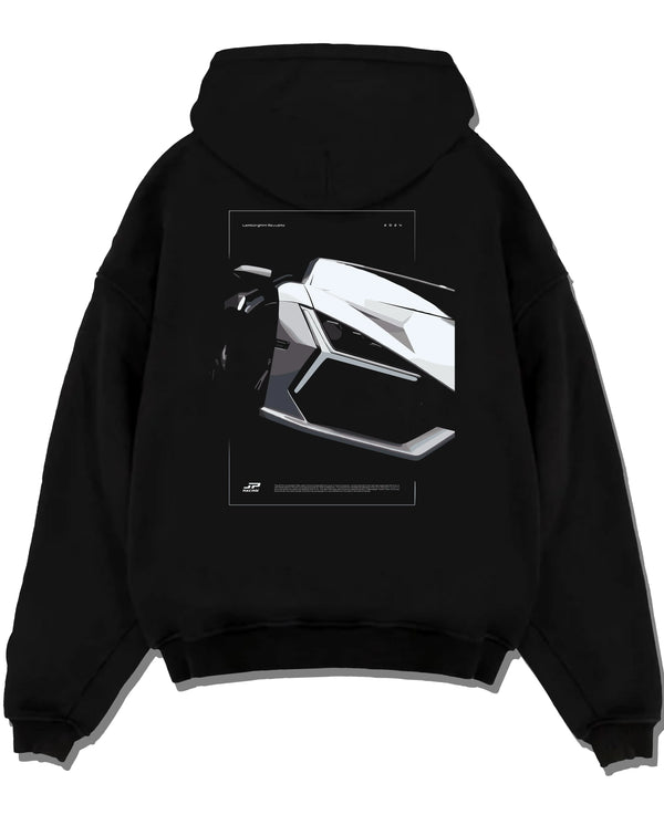 Black pullover hoodie laid flat on a white background, featuring SKYLINE street racing performance motorsport automotive graphic.