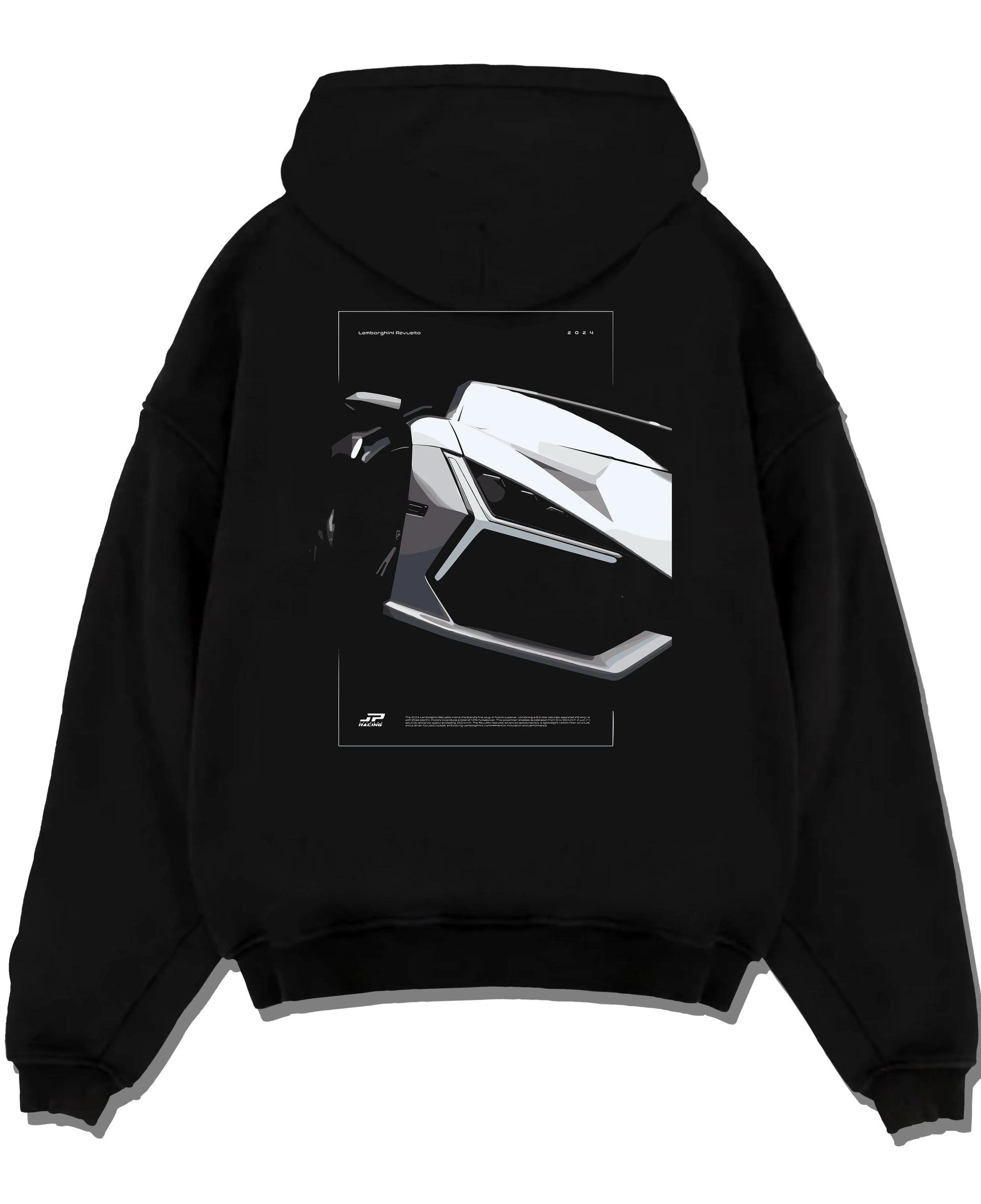 Black pullover hoodie laid flat on a white background, featuring SKYLINE street racing performance motorsport automotive graphic.