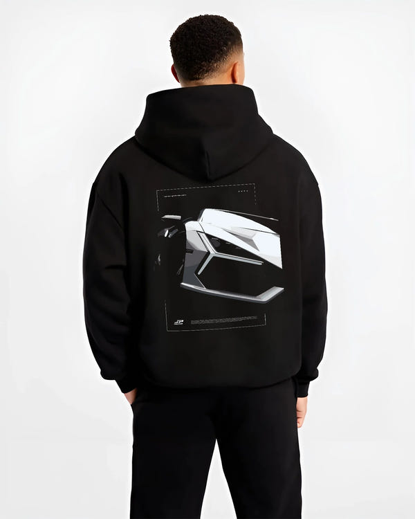 Black hoodie worn by a male model, back view, featuring SKYLINE street racing performance motorsport automotive enthusiast graphic.