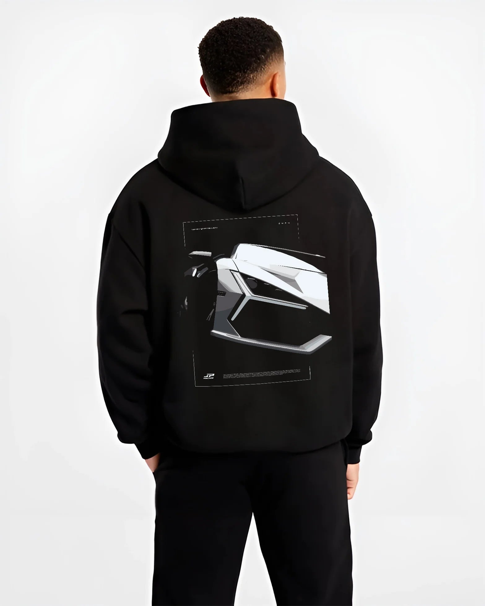 Black hoodie worn by a male model, back view, featuring SKYLINE street racing performance motorsport automotive enthusiast graphic.